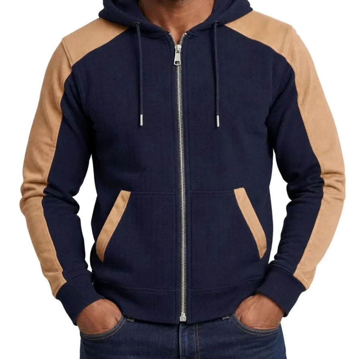 Men's Quilted Zip Up Hoodie Contrast Panel Hooded Sweatshirt - Blue