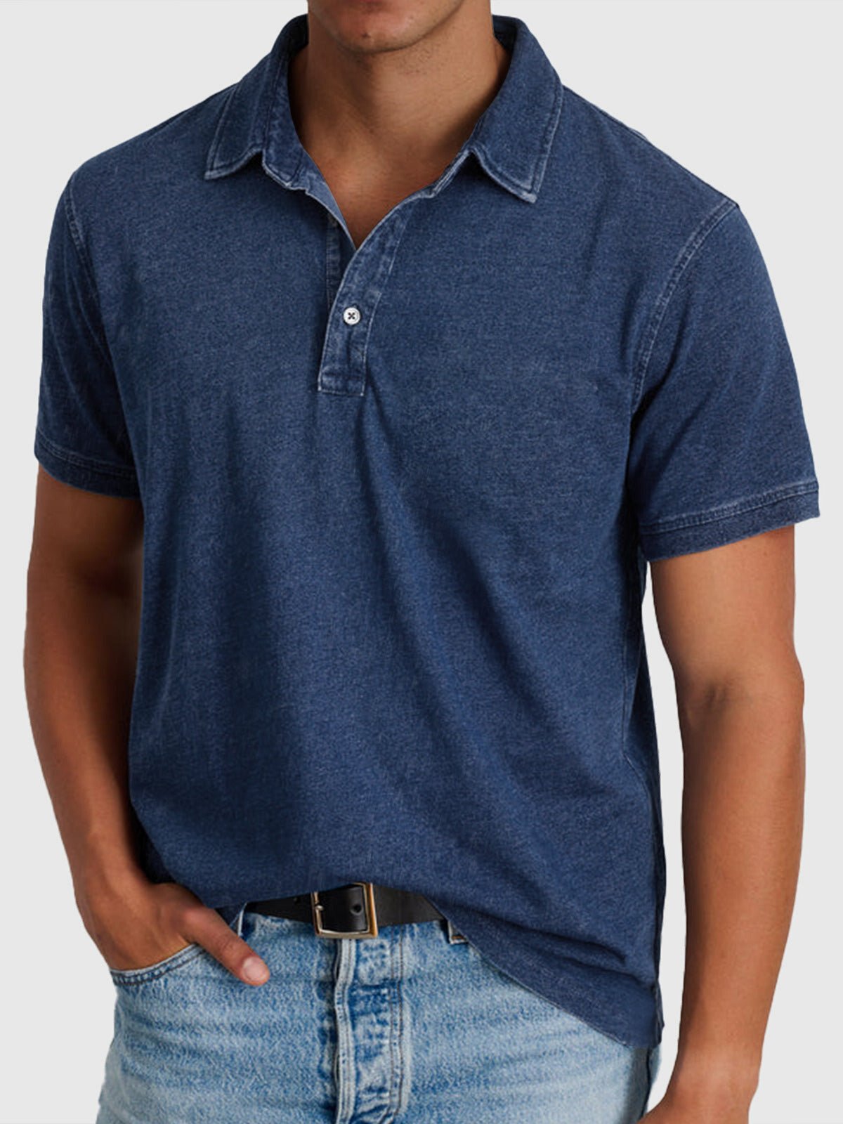 Men's Regular-Fit Cotton-Denim Short-Sleeve Polo Shirt - Navy Blue