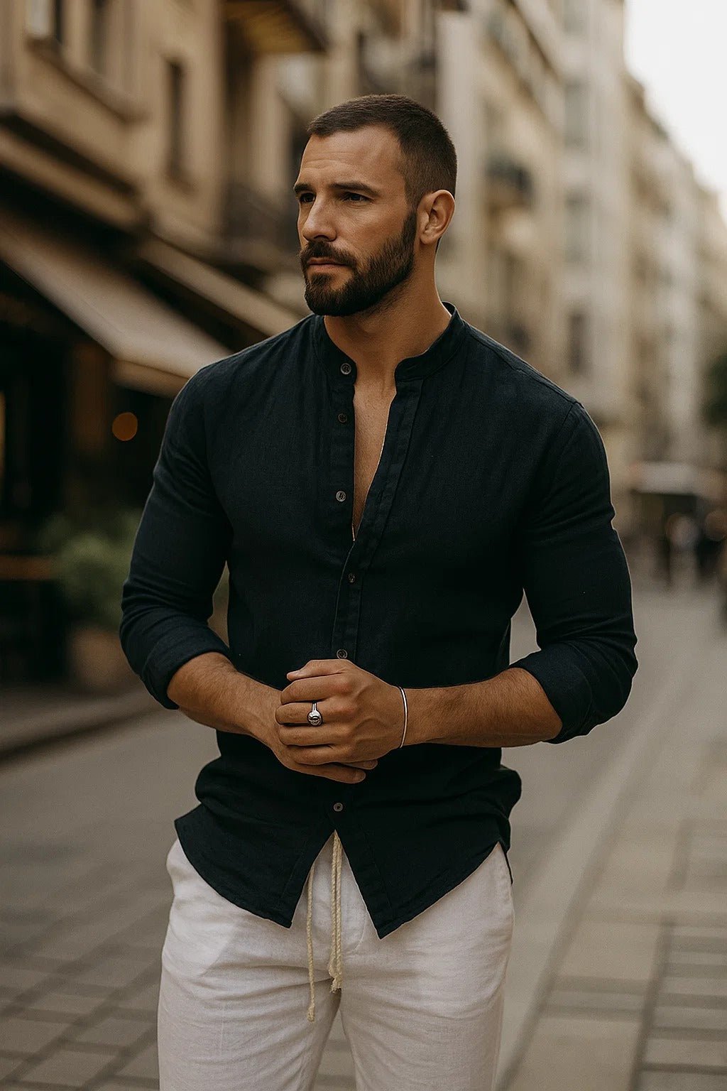 Men's Regular-Fit Linen Grandad Collar Long-Sleeve Shirt - Black