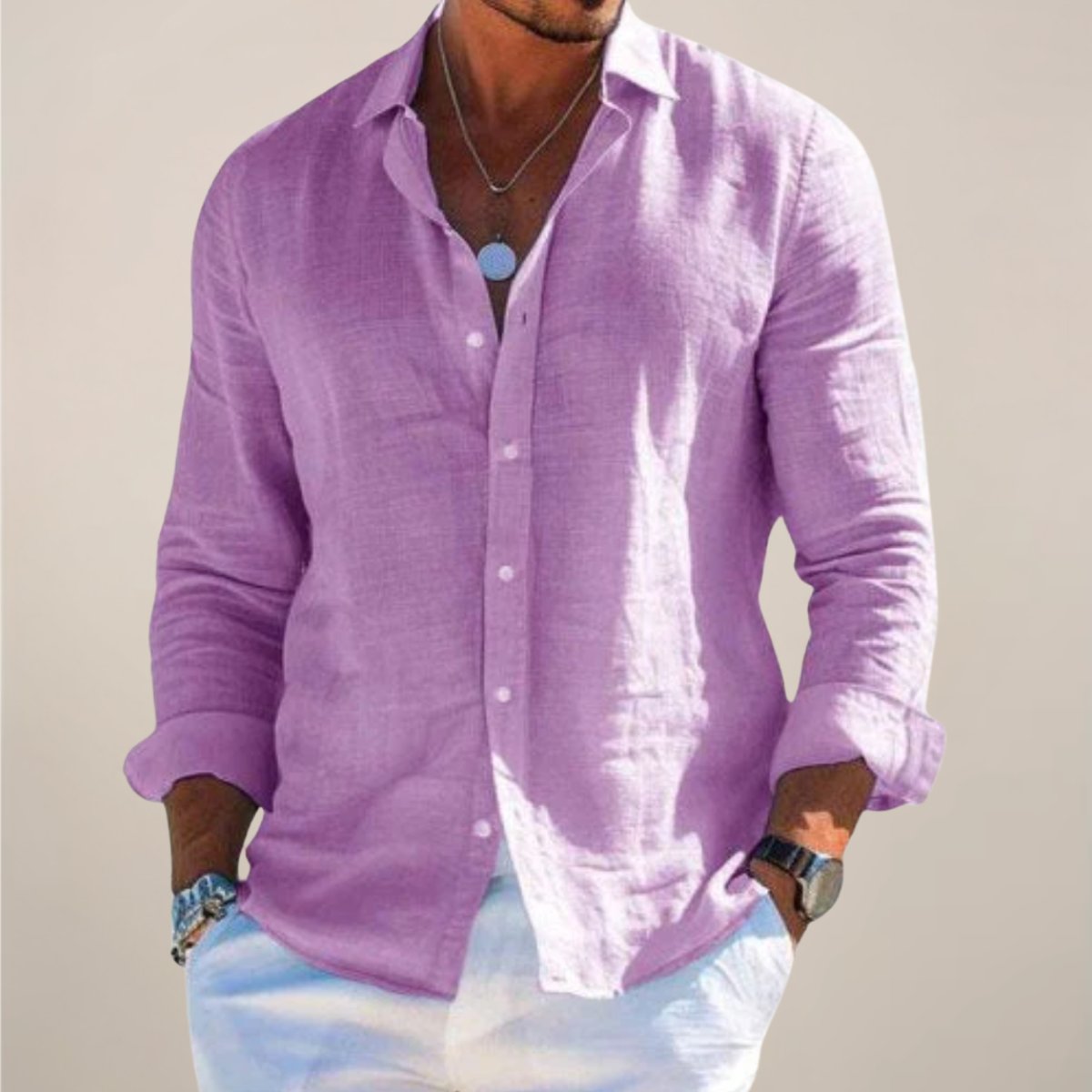 Men's Regular-Fit Long-Sleeve Linen Button-Up Shirt - Purple