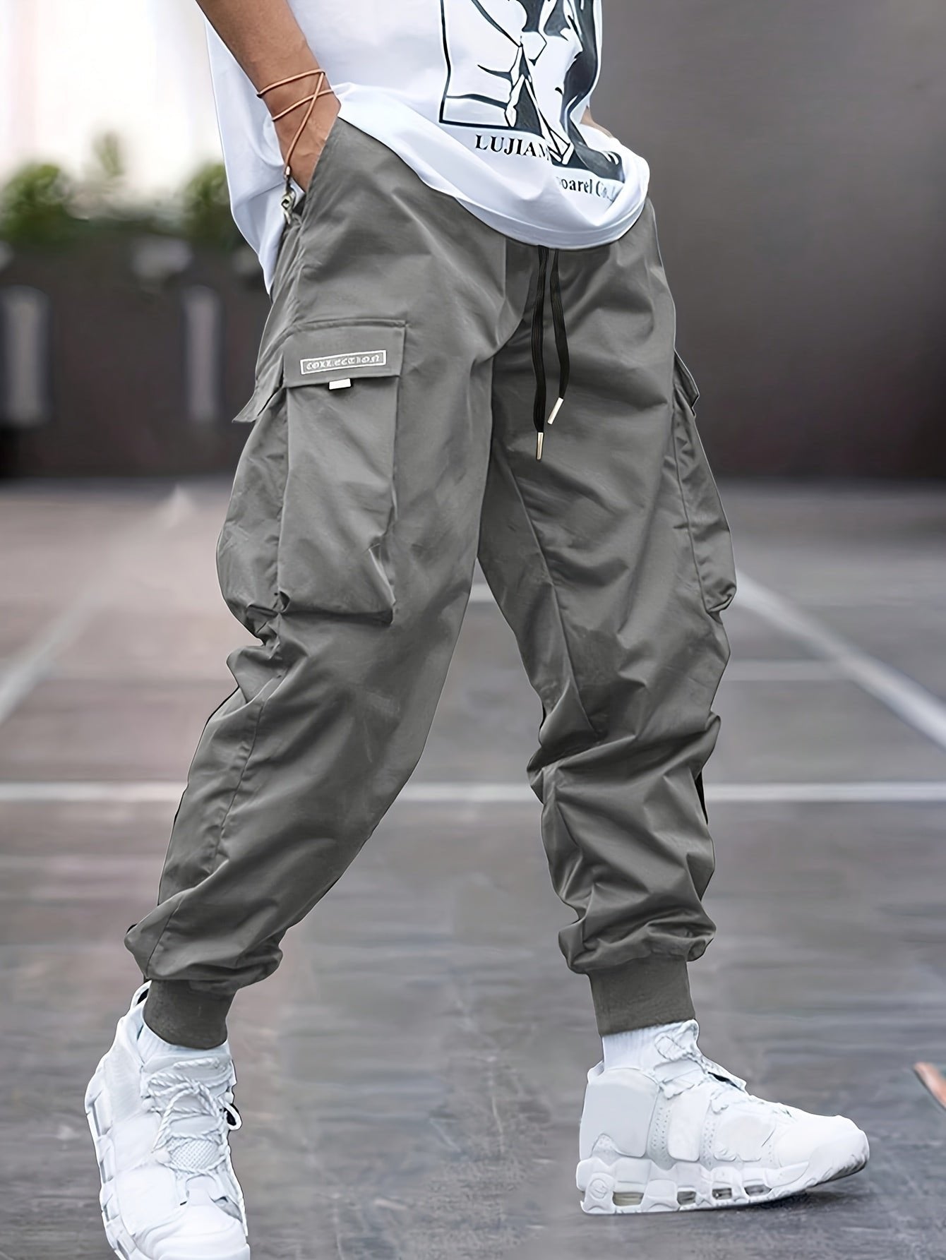Men's Relaxed-Fit Cuffed Ankle Cargo Jogger Trousers - Gray