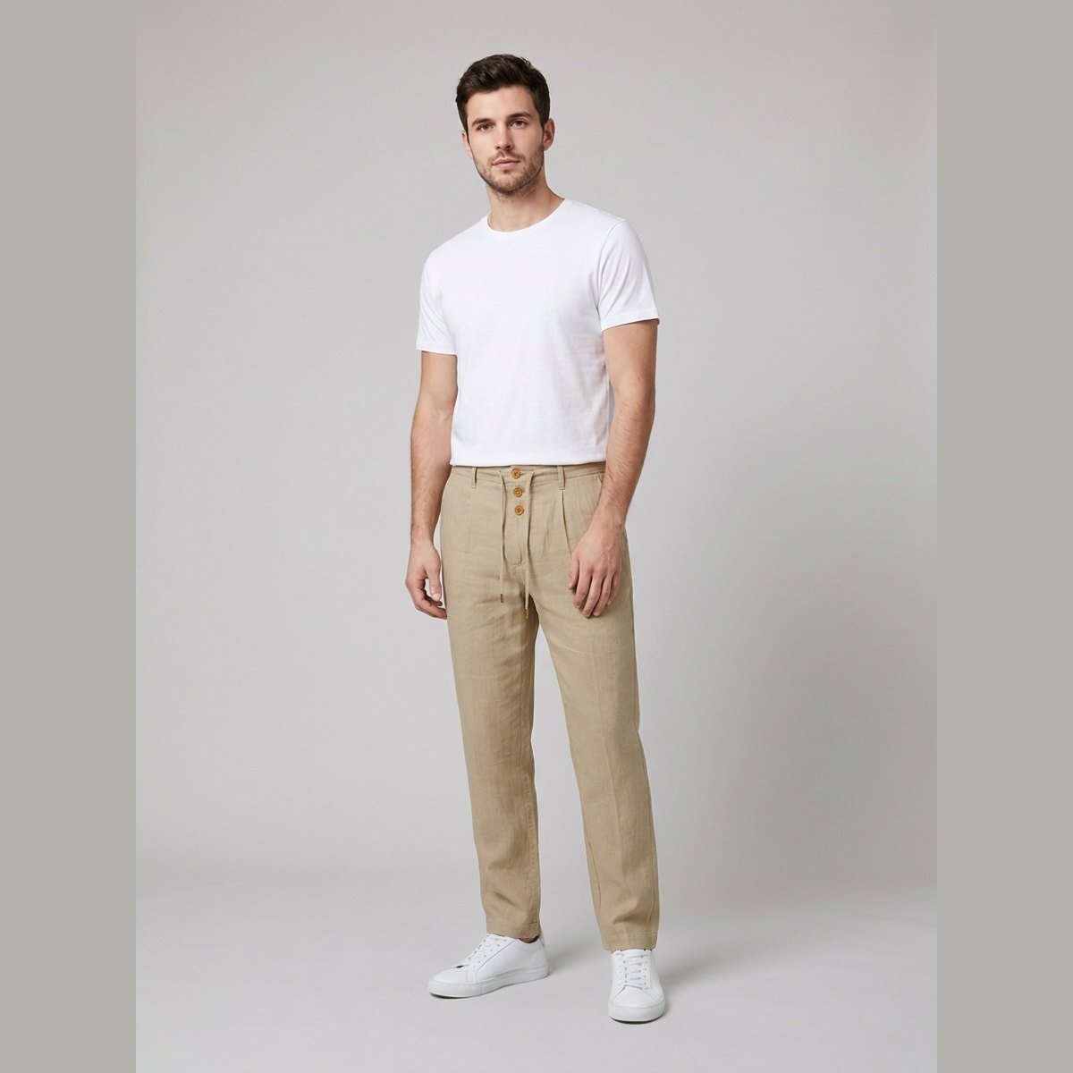 Men's Relaxed-Fit Drawstring Linen Pleated Trousers - Khaki