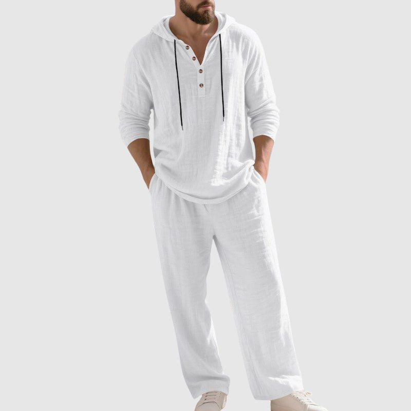Men's Relaxed-Fit Hooded Linen Two-Piece Henley Shirt Trouser Set - White