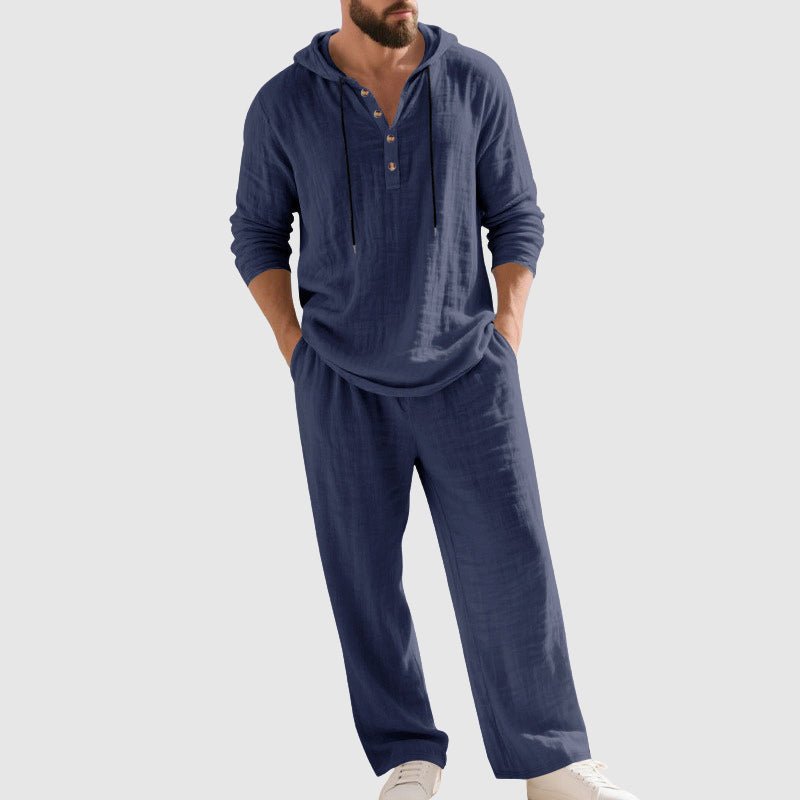 Men's Relaxed-Fit Hooded Linen Two-Piece Henley Shirt Trouser Set - Blue
