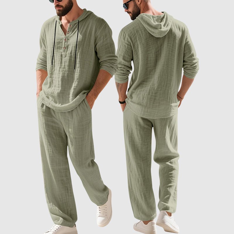 Men's Relaxed-Fit Hooded Linen Two-Piece Henley Shirt Trouser Set