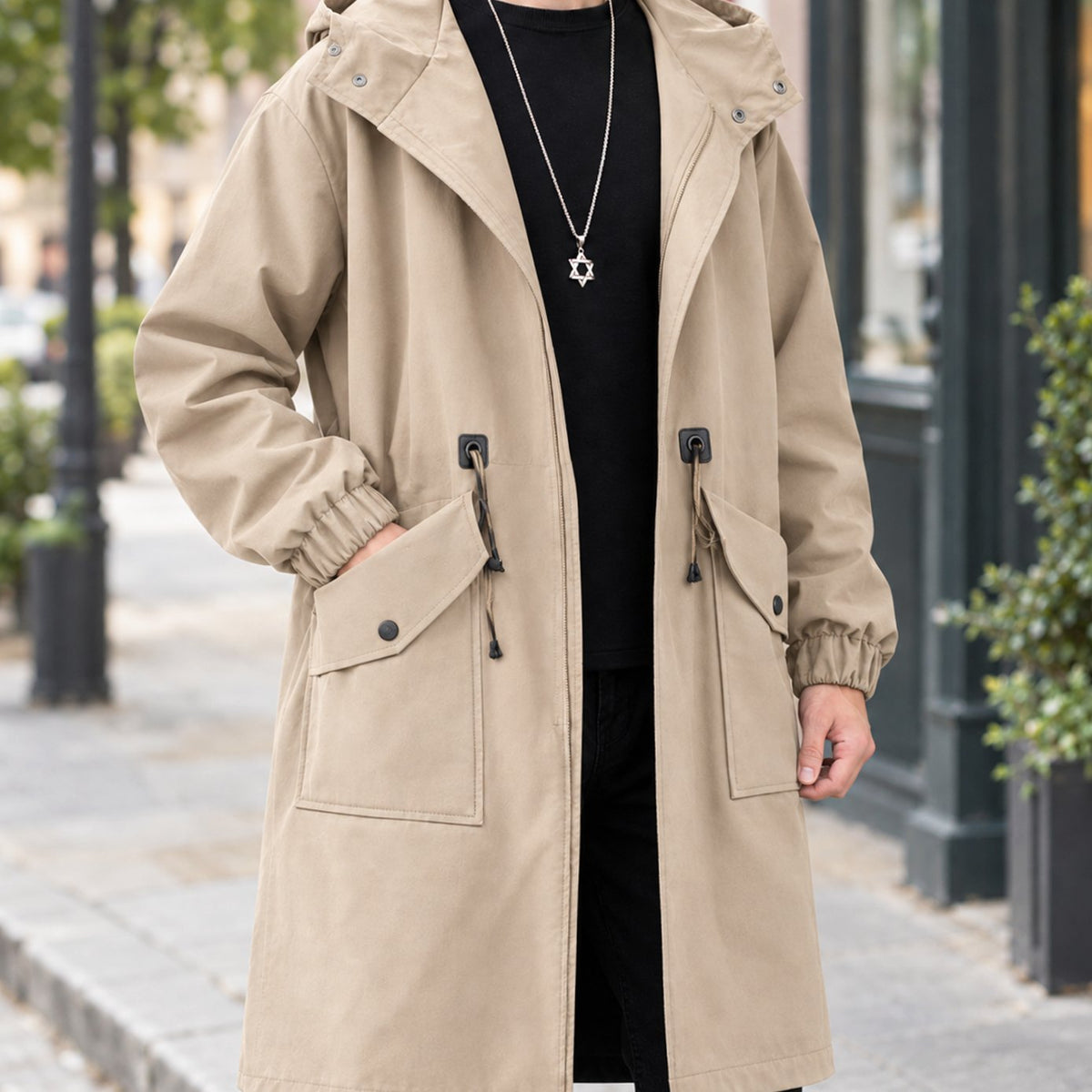 Men's Relaxed-Fit Hooded Overcoat Drawstring Waist - Khaki