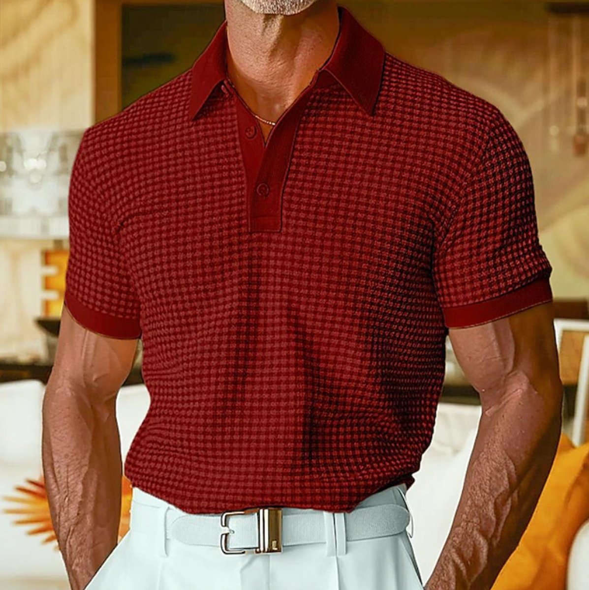 Men's Relaxed-Fit Houndstooth Knit Collared Polo Shirt - Red