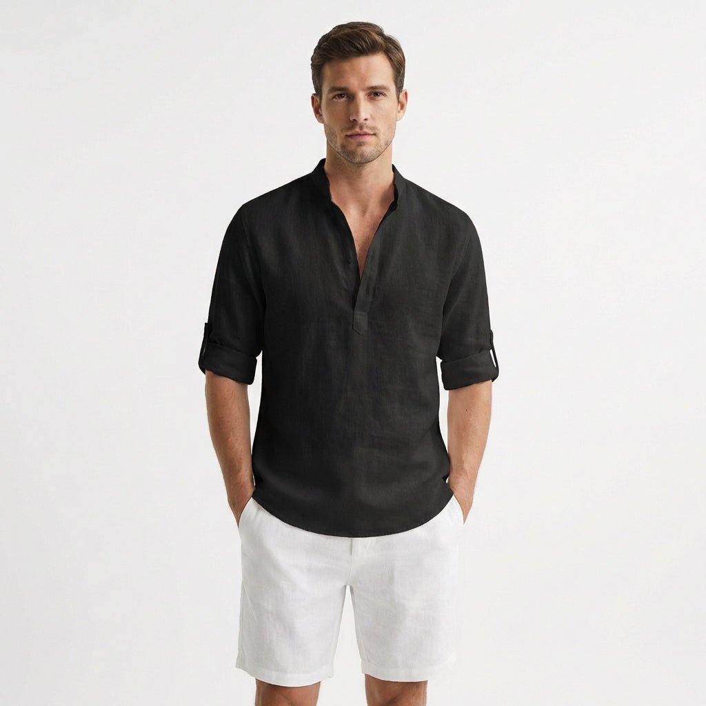 Men's Relaxed-Fit Linen Mandarin-Collar Henley Shirt - Negro