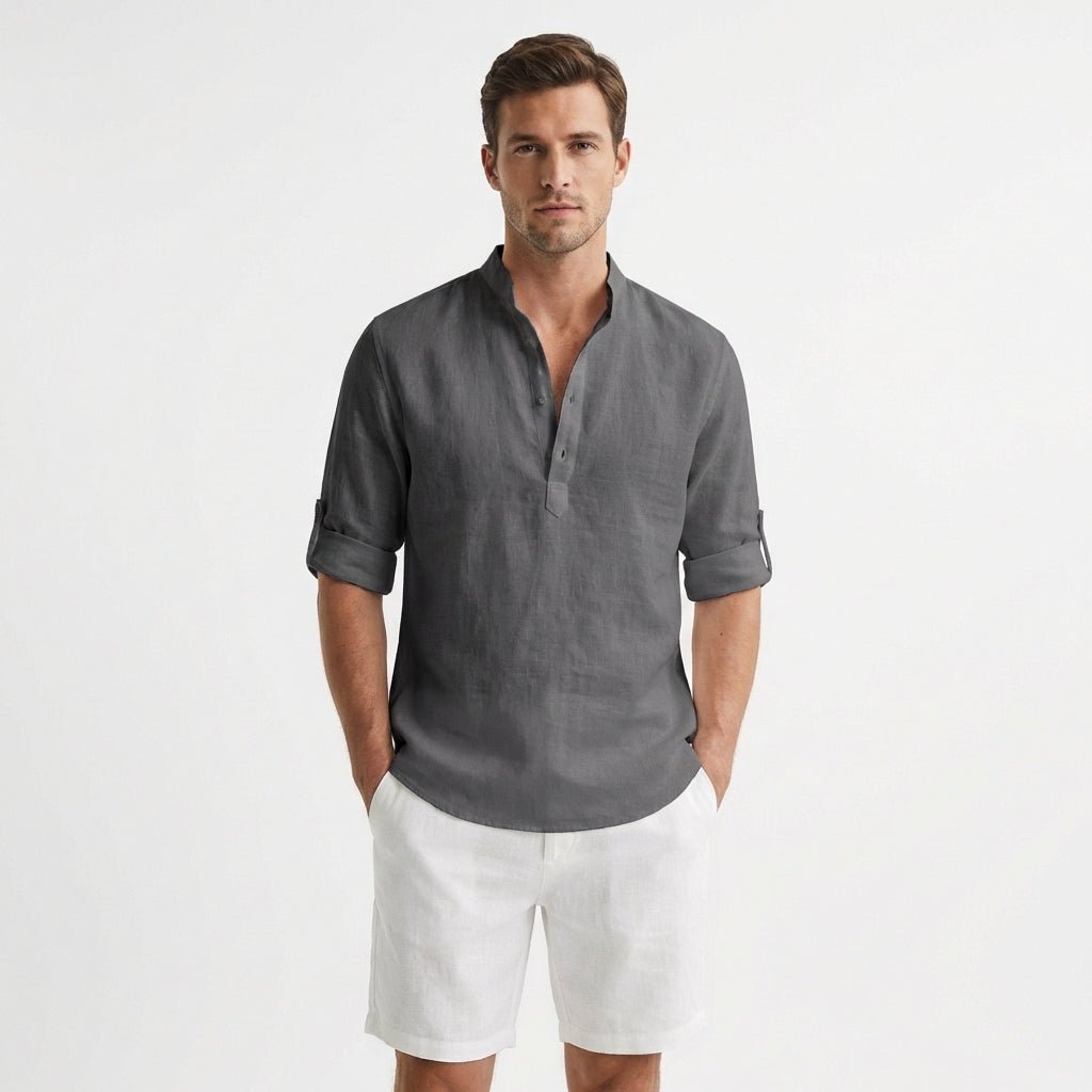 Men's Relaxed-Fit Linen Mandarin-Collar Henley Shirt - Gris