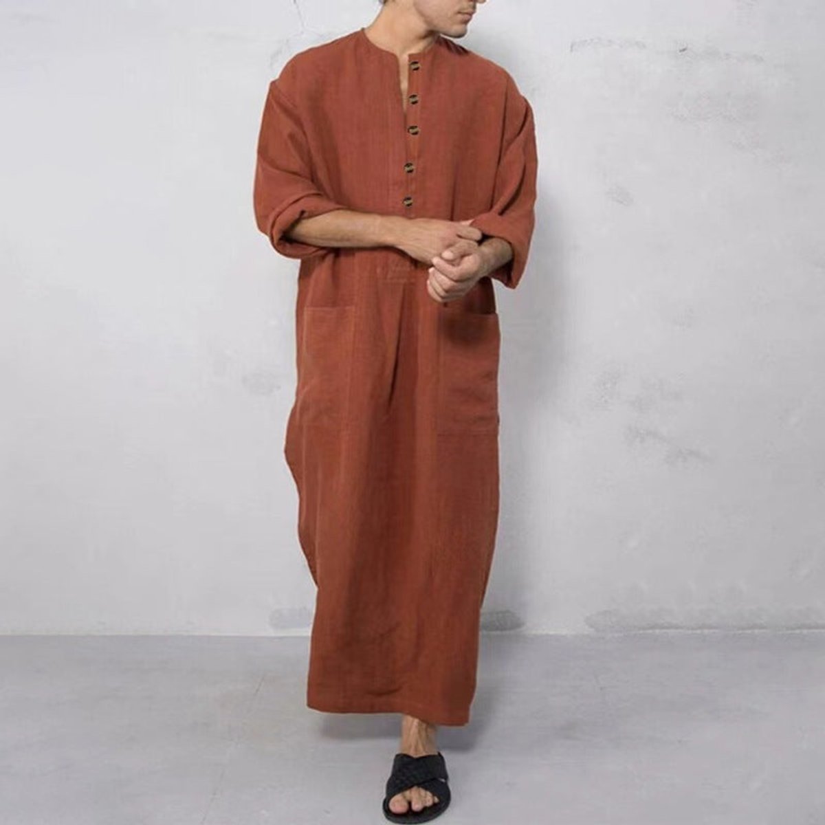 Men's Relaxed-Fit Maxi Linen Kaftan Tunic Button-Front Long Robe
