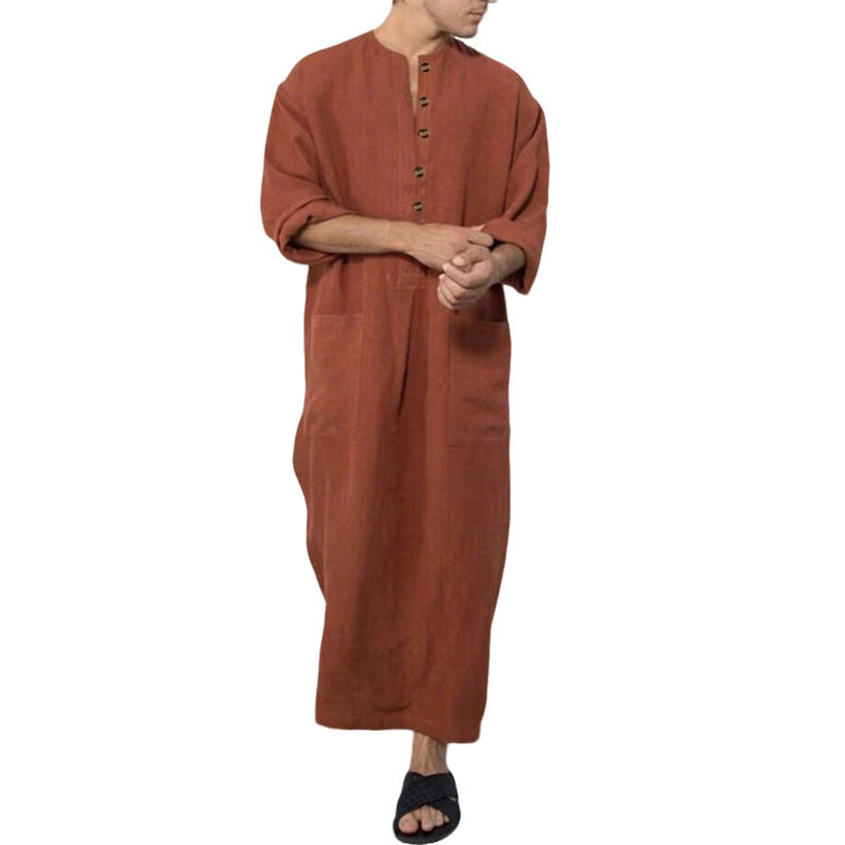 Men's Relaxed-Fit Maxi Linen Kaftan Tunic Button-Front Long Robe - Braun