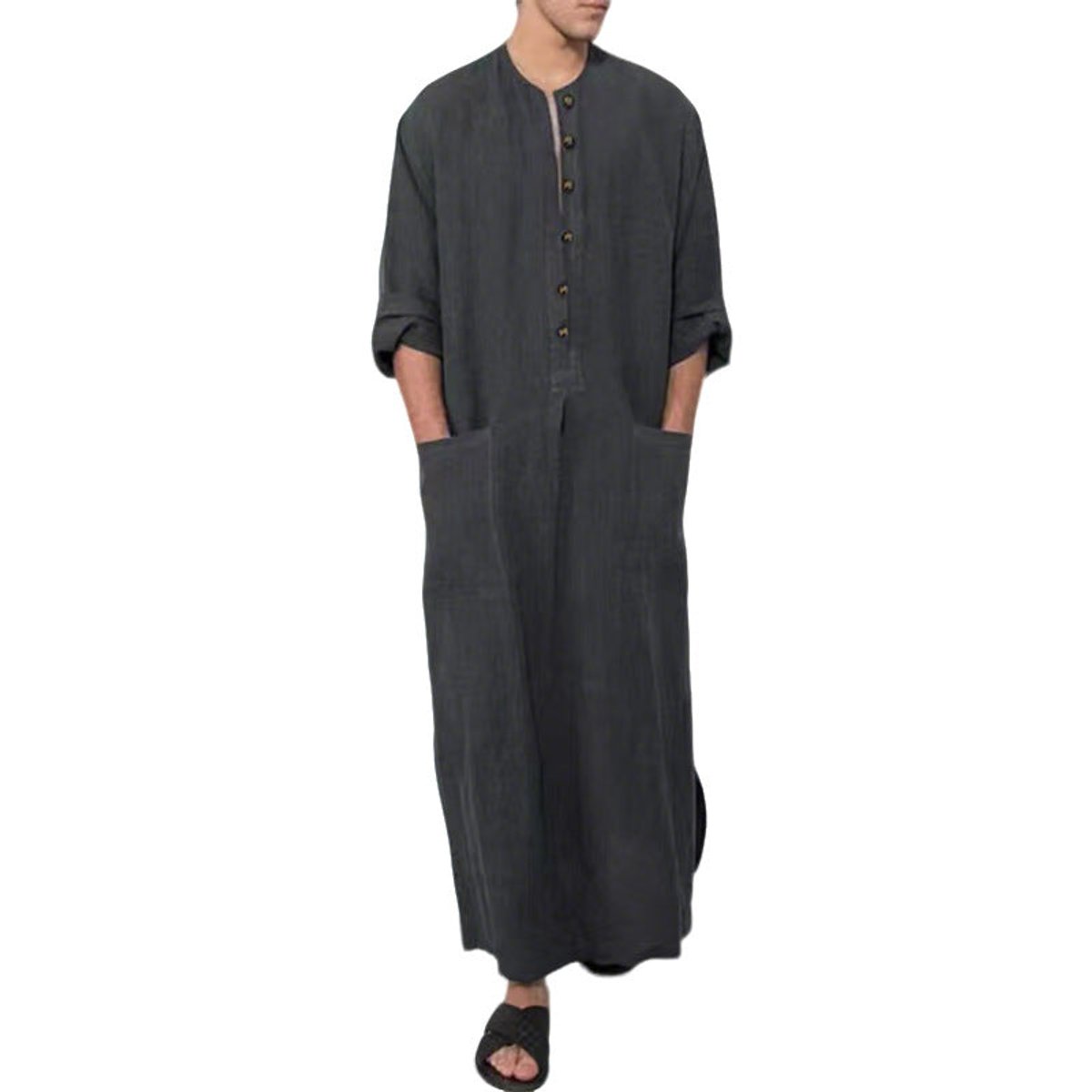 Men's Relaxed-Fit Maxi Linen Kaftan Tunic Button-Front Long Robe - Grau