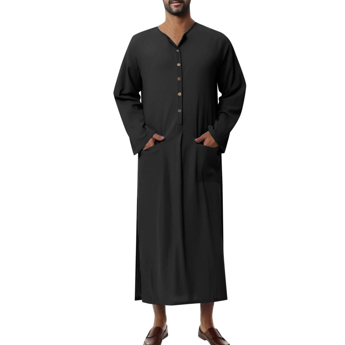 Men's Relaxed-Fit Maxi Linen Kaftan Tunic Button-Front Long Robe - Schwarz