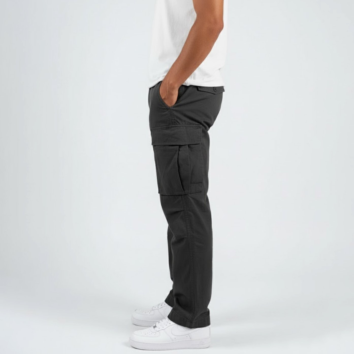 Men's Relaxed Fit Multi-Pocket Cargo Pants Streetwear Trousers - Black