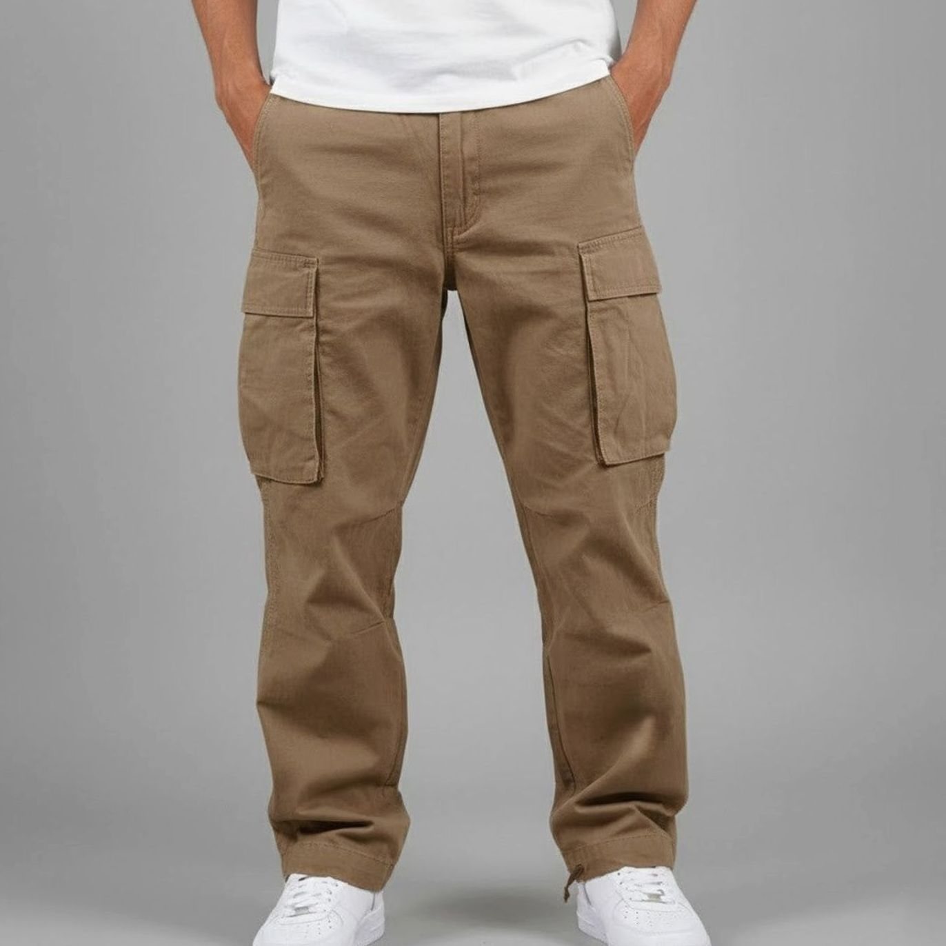 Men's Relaxed Fit Multi-Pocket Cargo Pants Streetwear Trousers - Brown