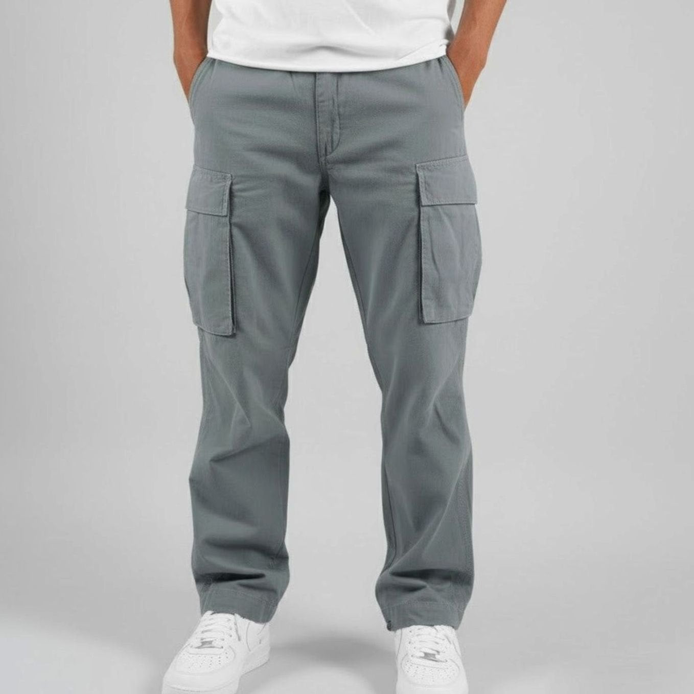 Men's Relaxed Fit Multi-Pocket Cargo Pants Streetwear Trousers - Grey