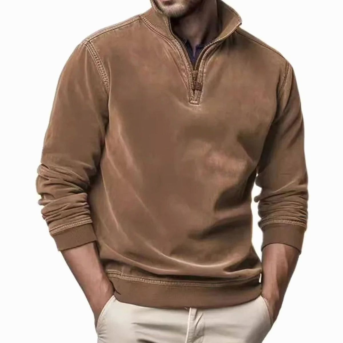 Men's Relaxed-Fit Quarter-Zip Pullover Jumper - Brown
