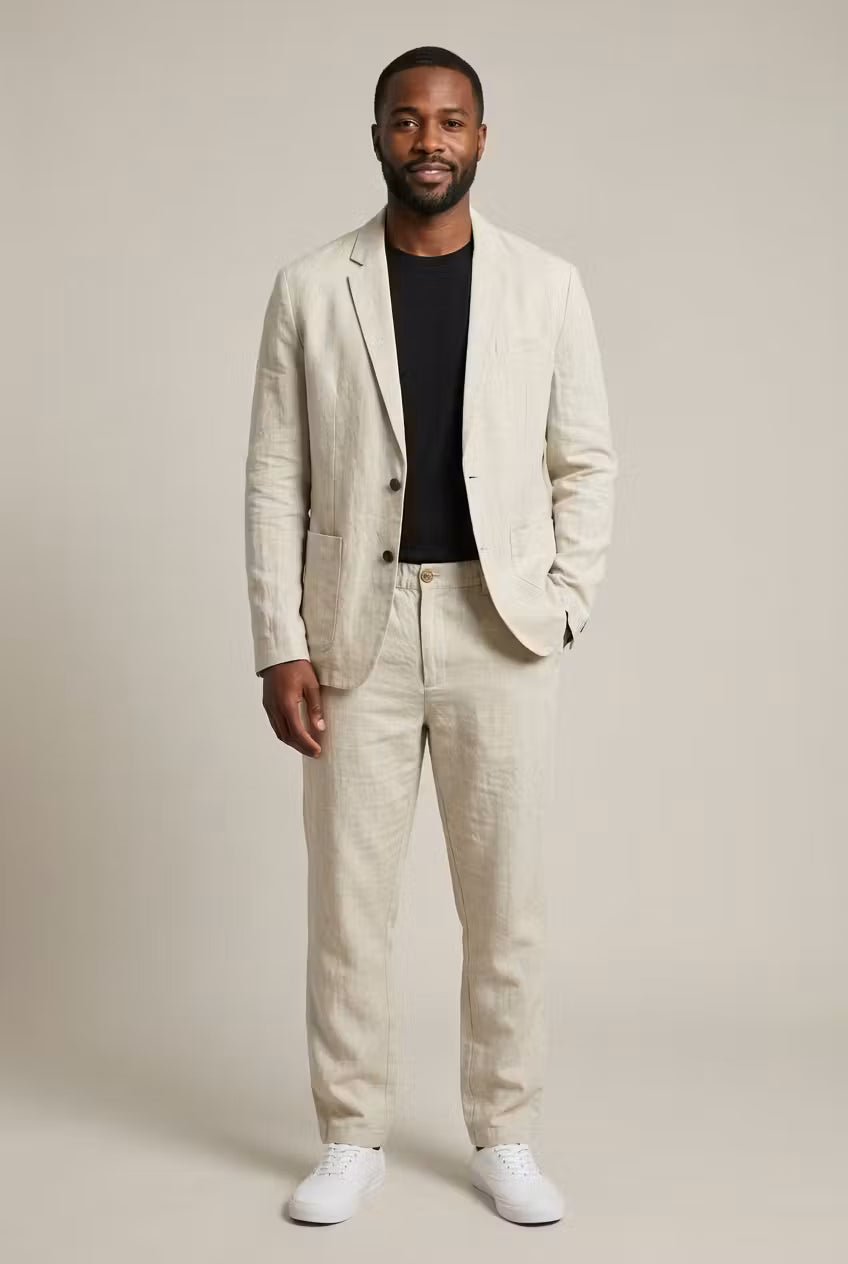 Men's Relaxed-Fit Two-Piece Linen Blazer Trouser Suit Set - Apricot