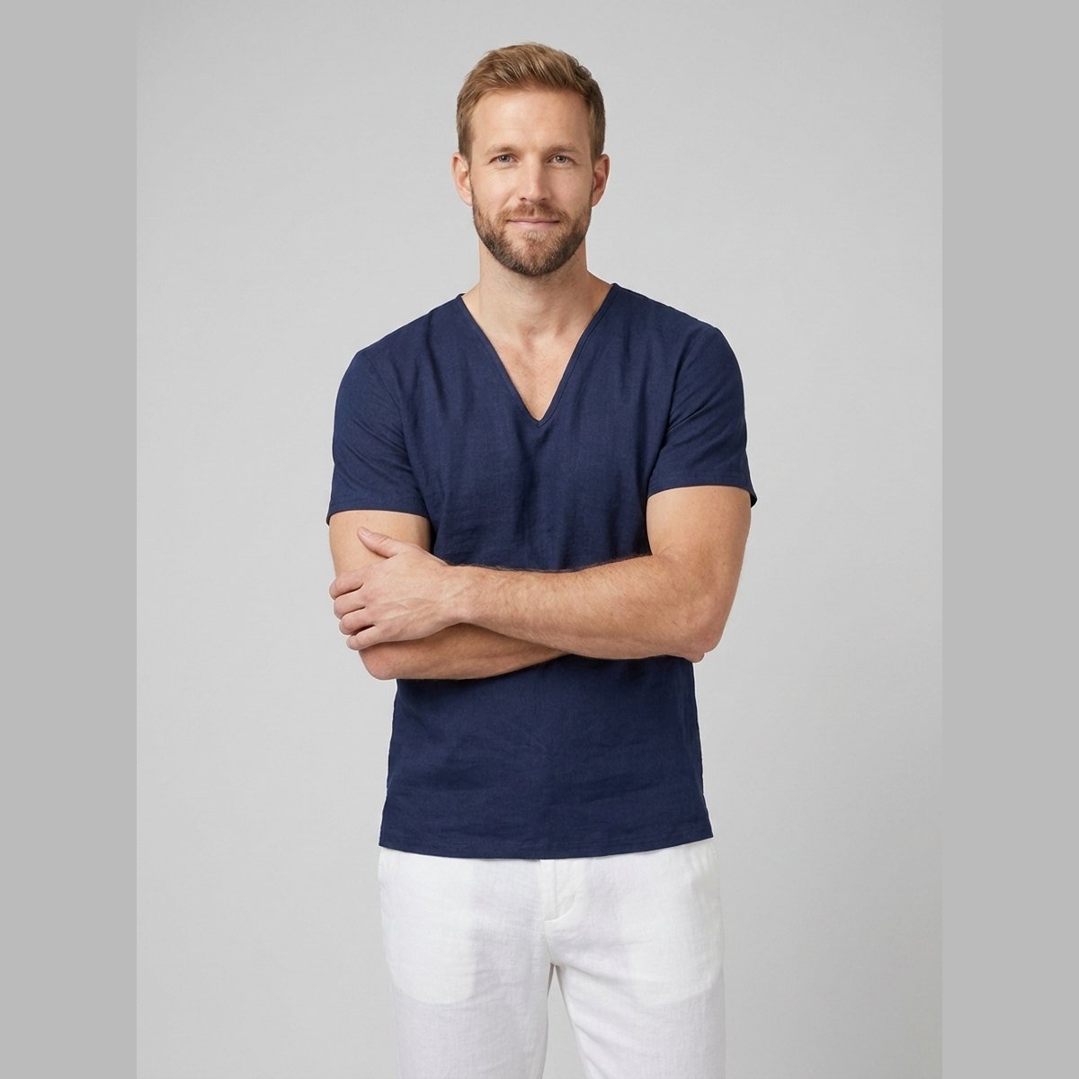 Men's Relaxed-Fit V-Neck Short-Sleeve Linen T-Shirt - Dark Blue