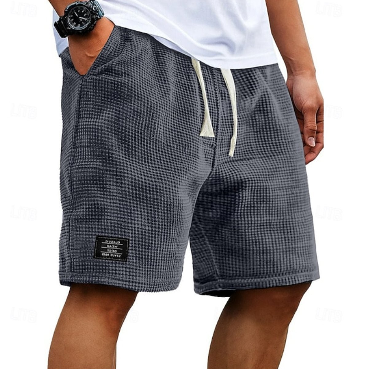 Men's Relaxed-Fit Waffle-Texture Drawstring Casual Shorts - Grey