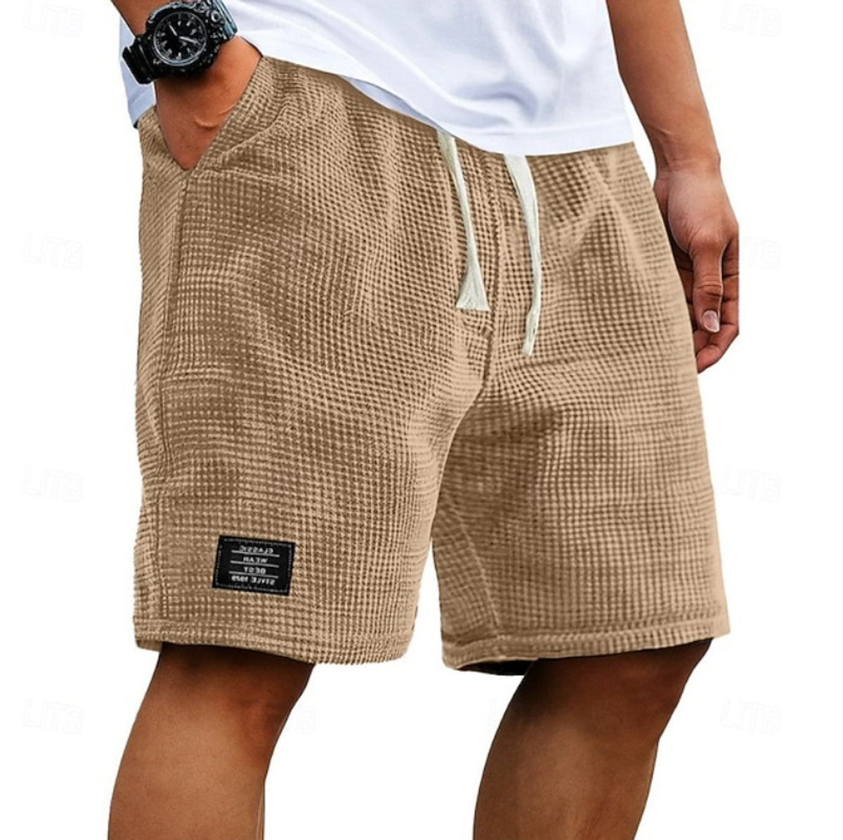 Men's Relaxed-Fit Waffle-Texture Drawstring Casual Shorts - Brown