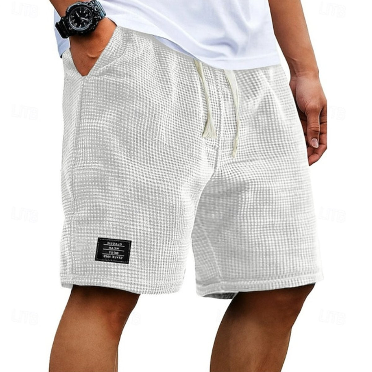 Men's Relaxed-Fit Waffle-Texture Drawstring Casual Shorts - White
