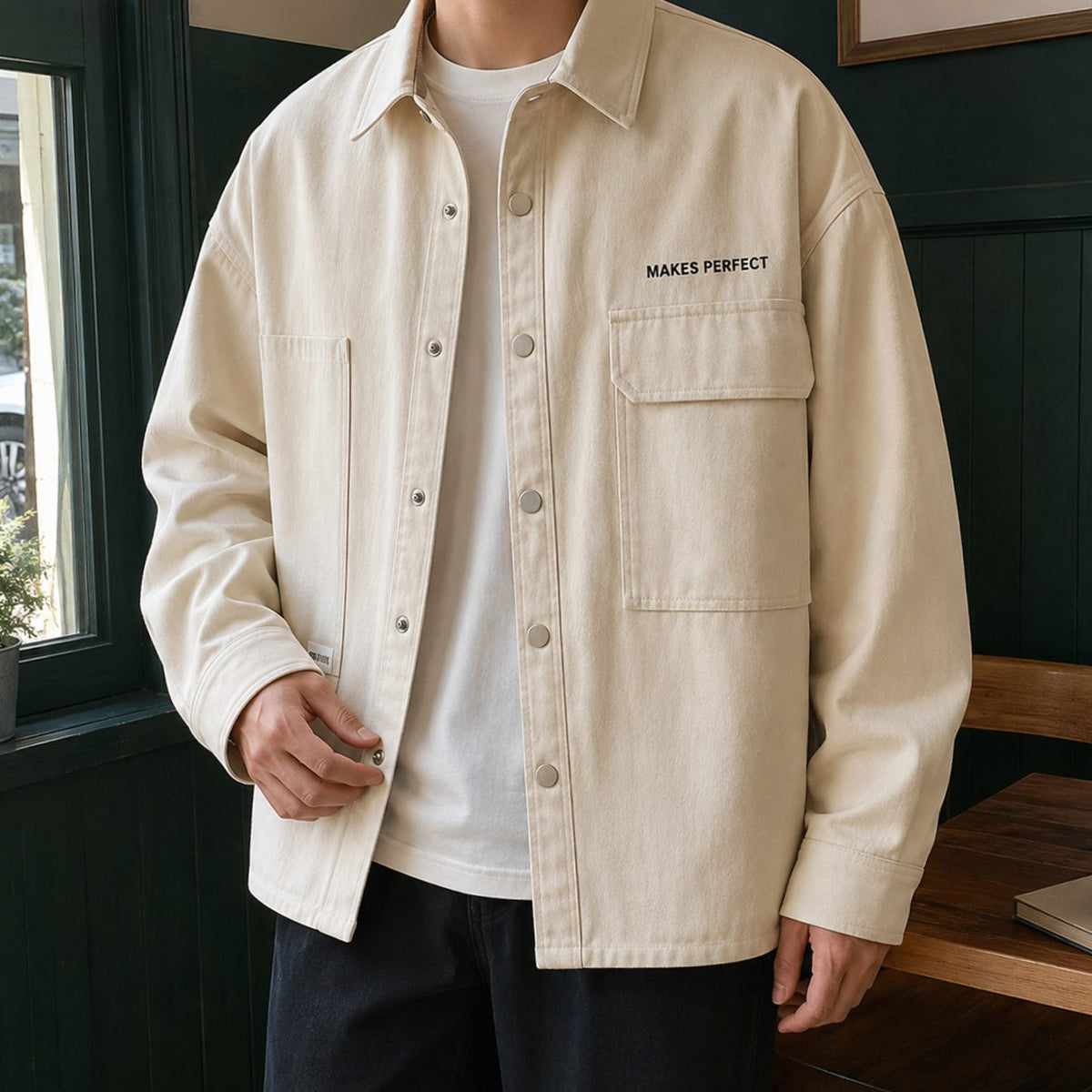 Men's Relaxed Oversized Cotton-Blend Snap-Button Utility Jacket - Apricot