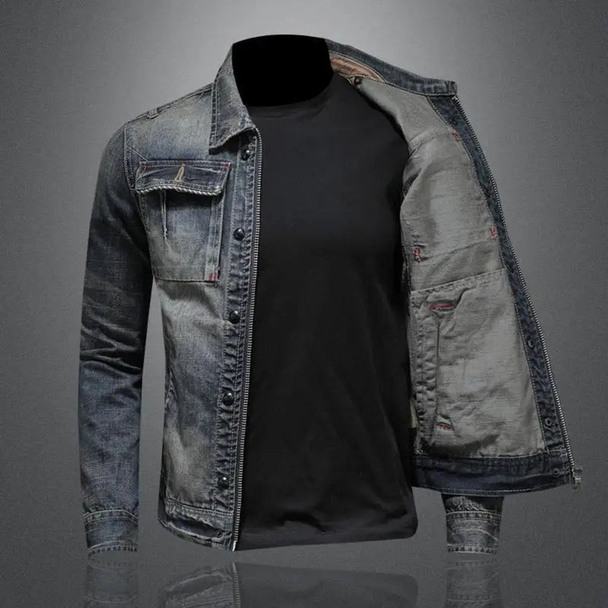 Mens Retro Vintage Washed Denim Jacket Zip-Up Trucker Coat