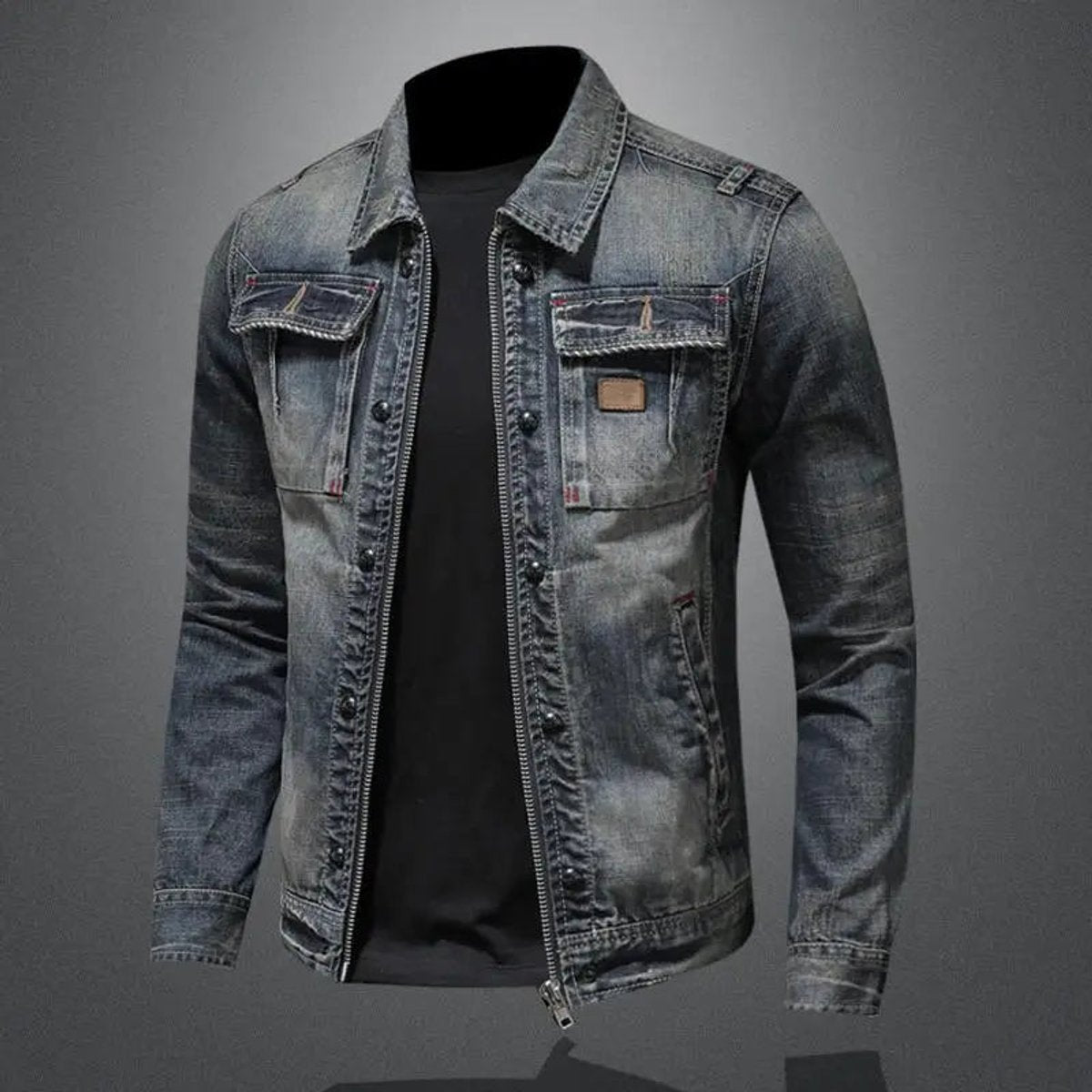 Mens Retro Vintage Washed Denim Jacket Zip-Up Trucker Coat