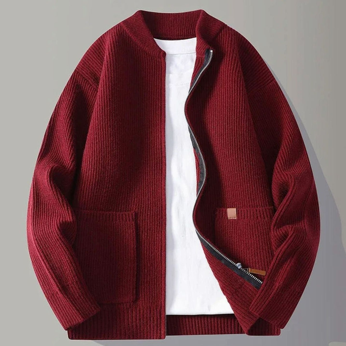Men's Ribbed Knit Full-Zip Cardigan Jacket - Red