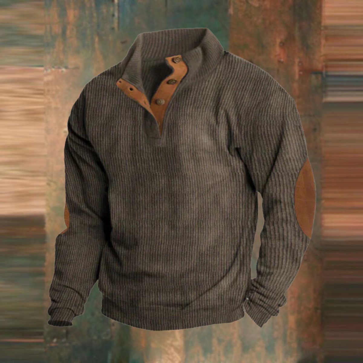Men's Ribbed Knit Sweater Quarter-Snap Collar Elbow Patch Jumper - Brown