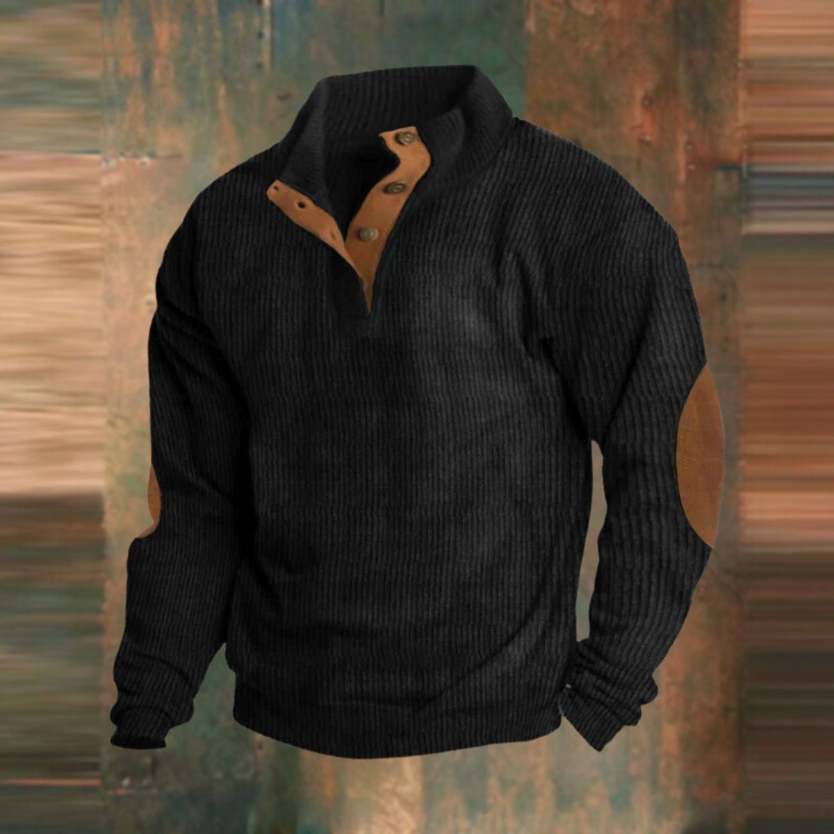 Men's Ribbed Knit Sweater Quarter-Snap Collar Elbow Patch Jumper - Black