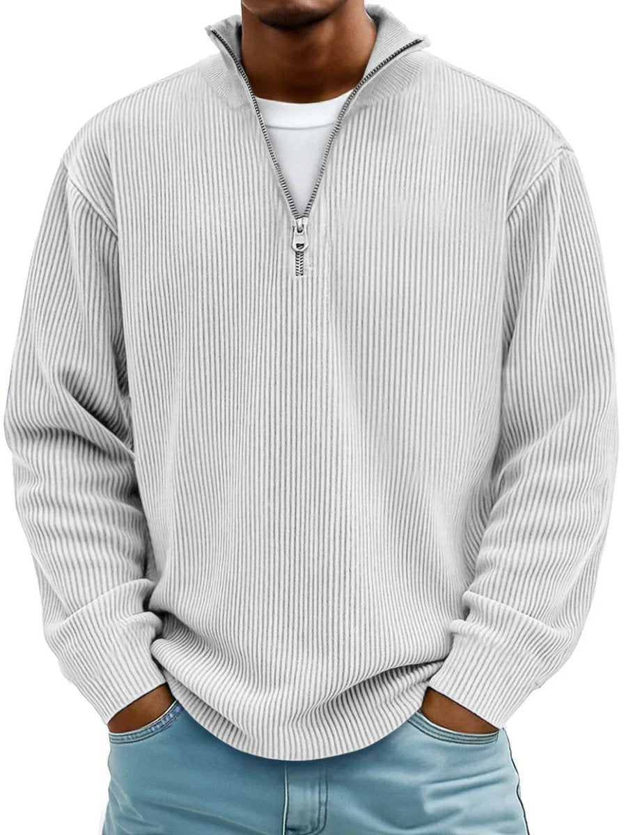 Men's Ribbed Knit Sweater Quarter-Zip Pullover Jumper - White