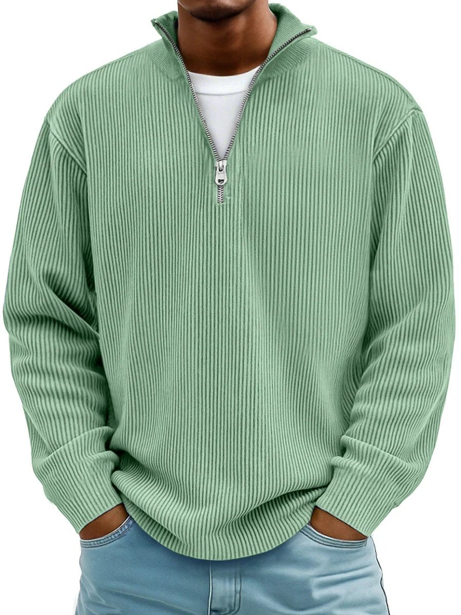 Men's Ribbed Knit Sweater Quarter-Zip Pullover Jumper - Green