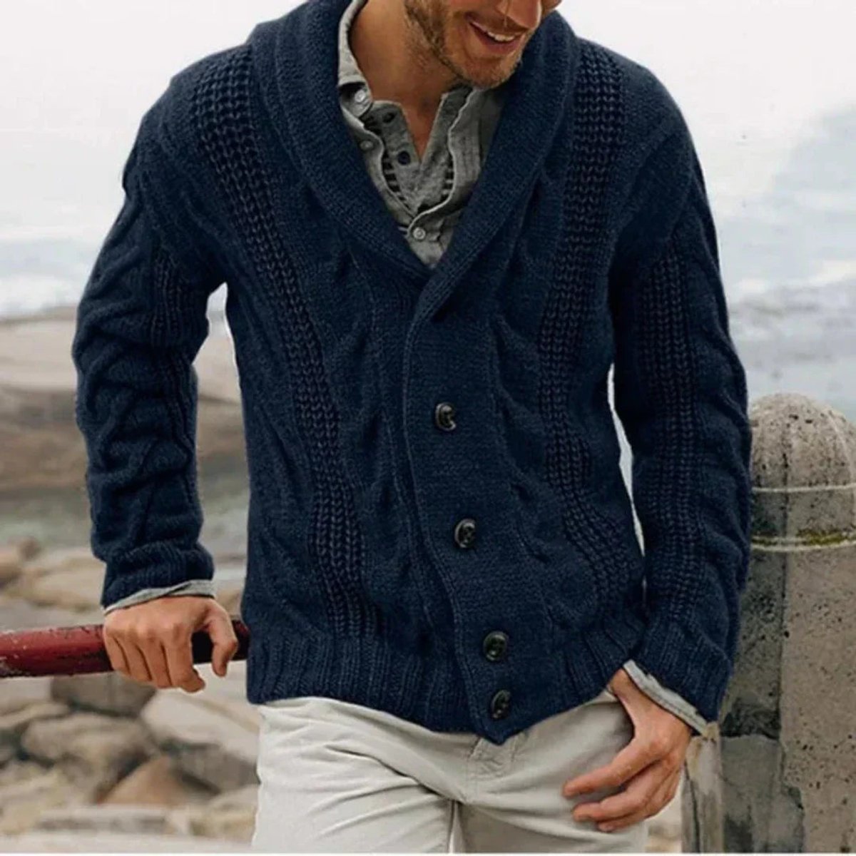 Men's Shawl Collar Cable Knit Mens Cardigan Button-Front - Dark Blue