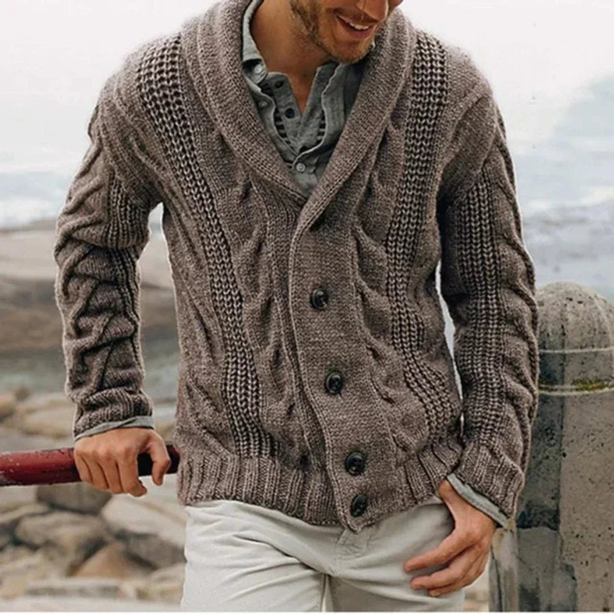 Men's Shawl Collar Cable Knit Mens Cardigan Button-Front - Brown