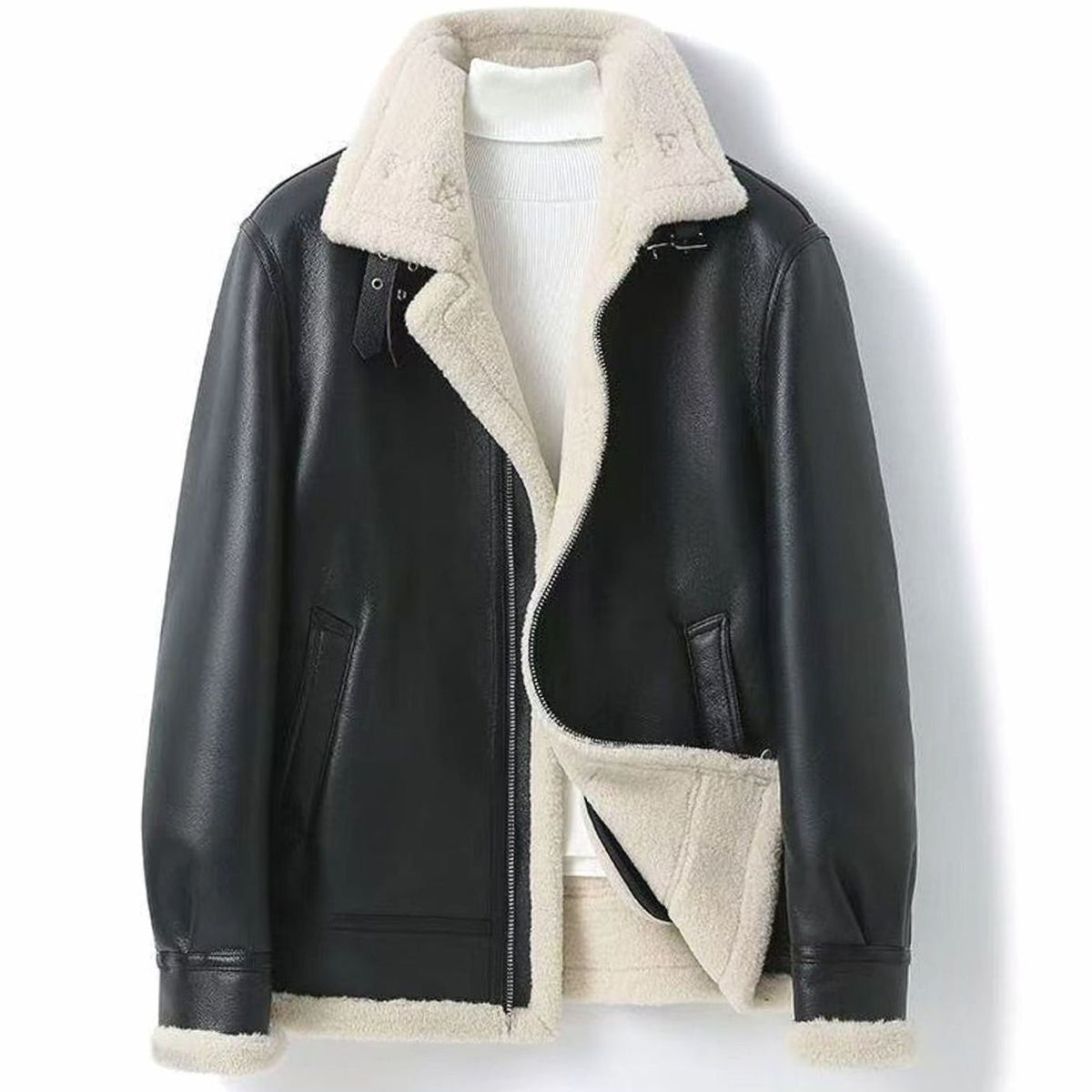 Men's Shearling-Lined Aviator Leather-Finish Jacket - Black