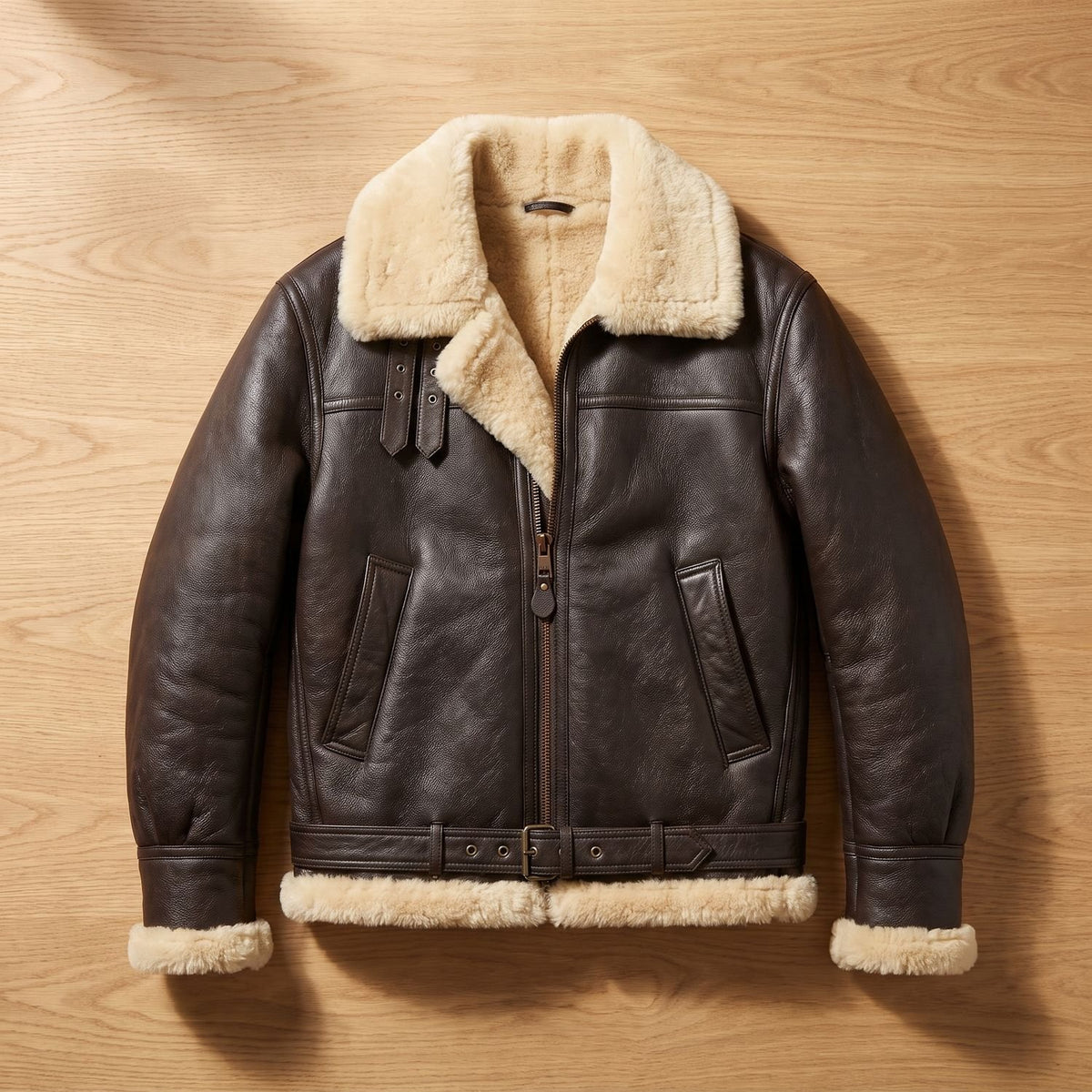 Men's Shearling-Lined Leather Aviator Bomber Jacket - Brown