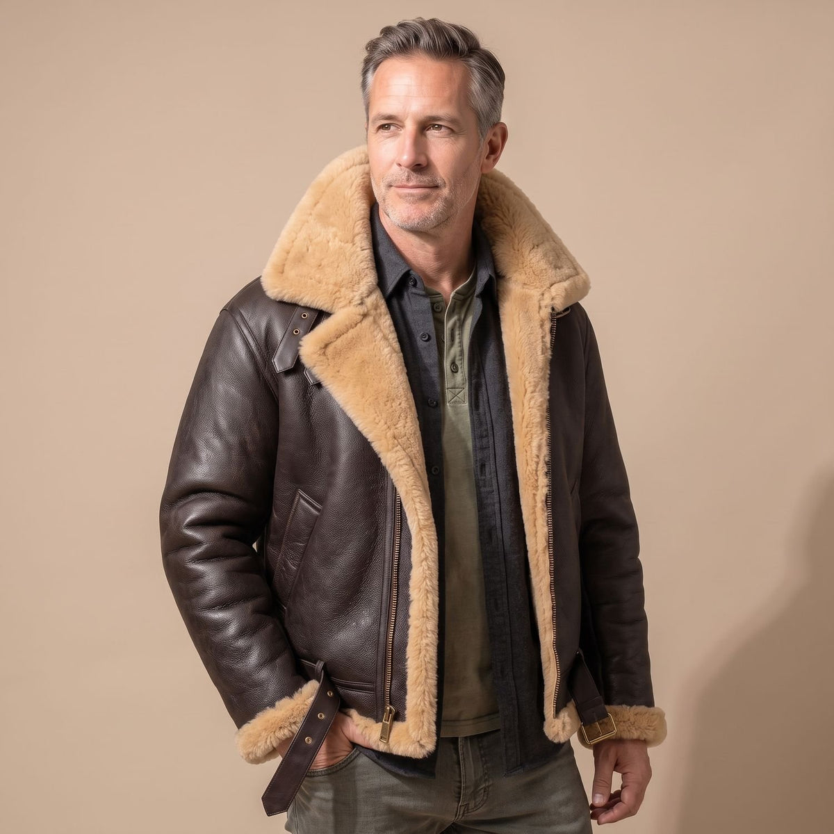 Men's Shearling-Lined Leather Aviator Bomber Jacket
