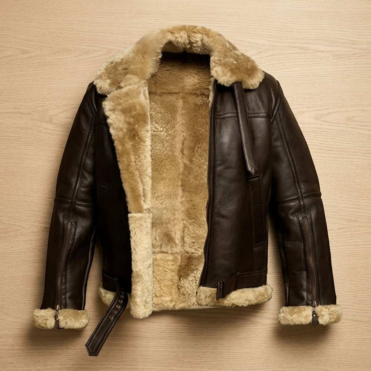 Men's Shearling-Lined Leather Aviator Bomber Jacket