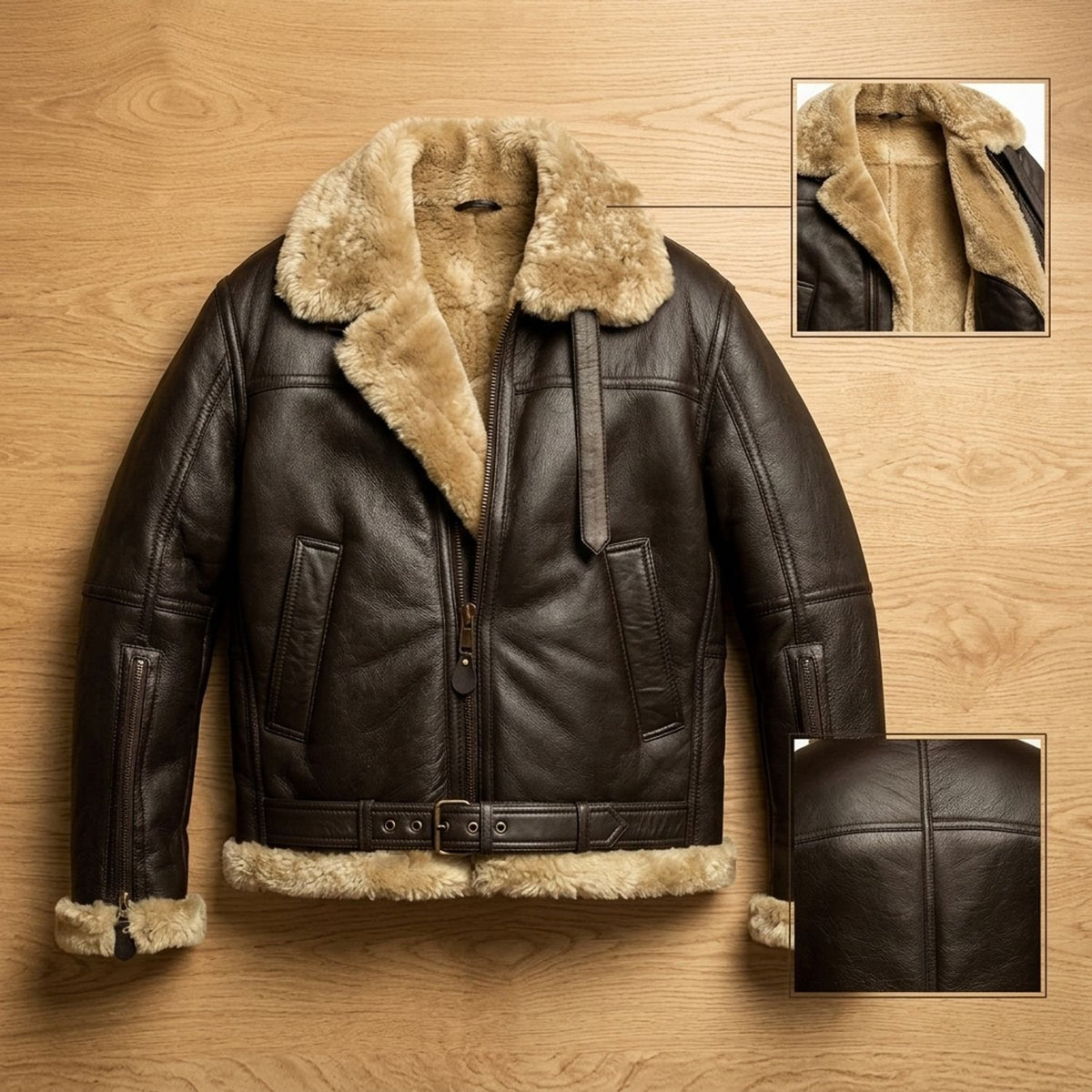 Men's Shearling-Lined Leather Aviator Bomber Jacket