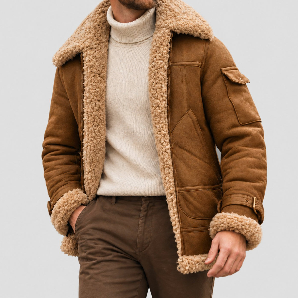 Men's Shearling-Lined Suede Aviator Bomber Jacket - Brown