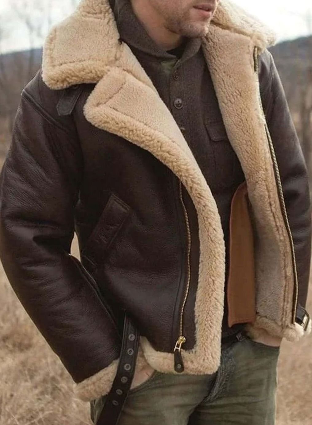 Men's Sheepskin-Lined Leather Bomber Flying Jacket - Brown
