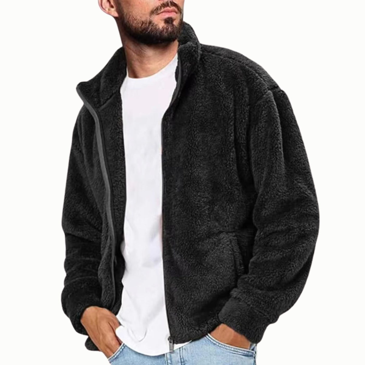 Men's Sherpa Fleece Full-Zip Stand-Collar Plush Jacket - Grey