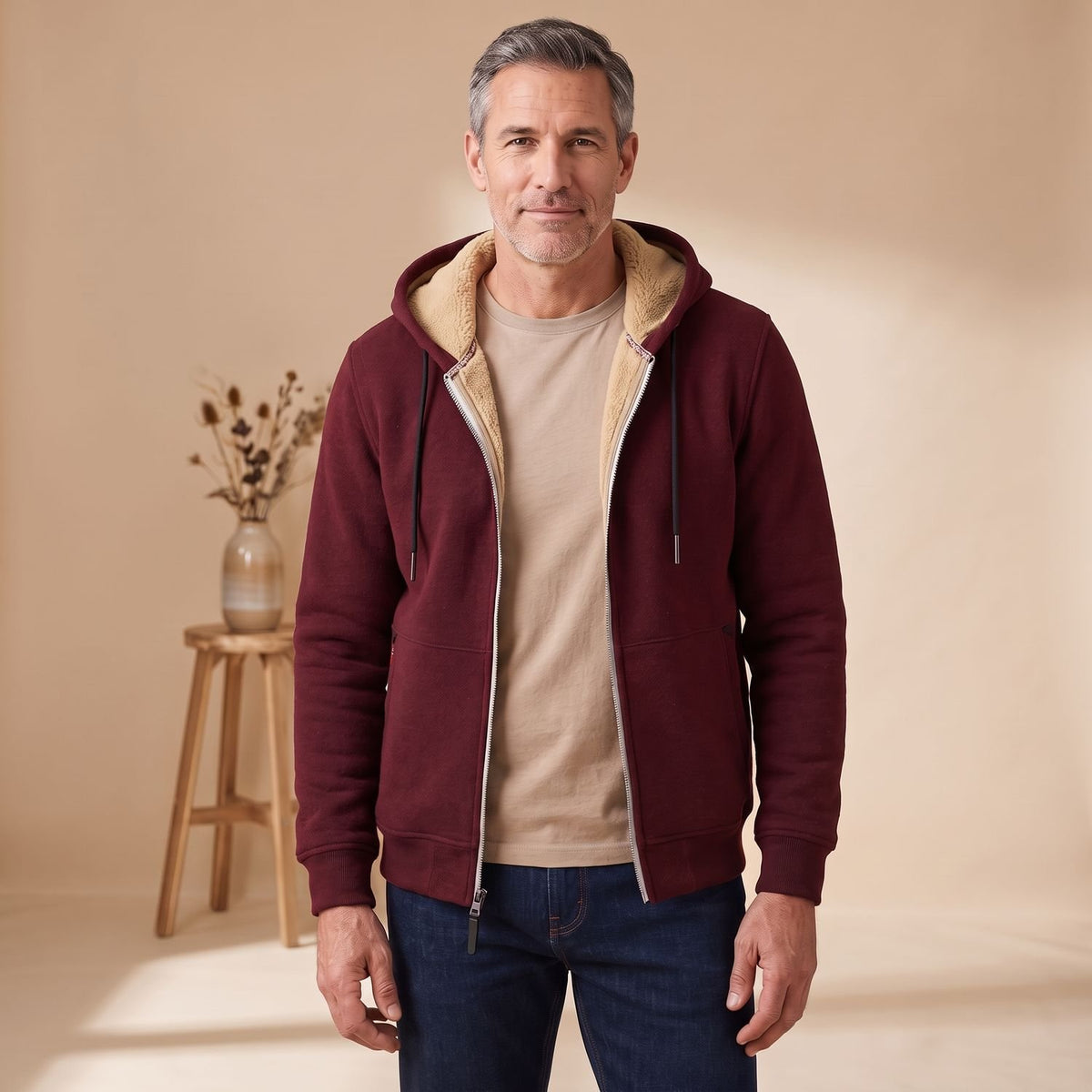 Men's Sherpa-Lined Full-Zip Hooded Sweatshirt - Red