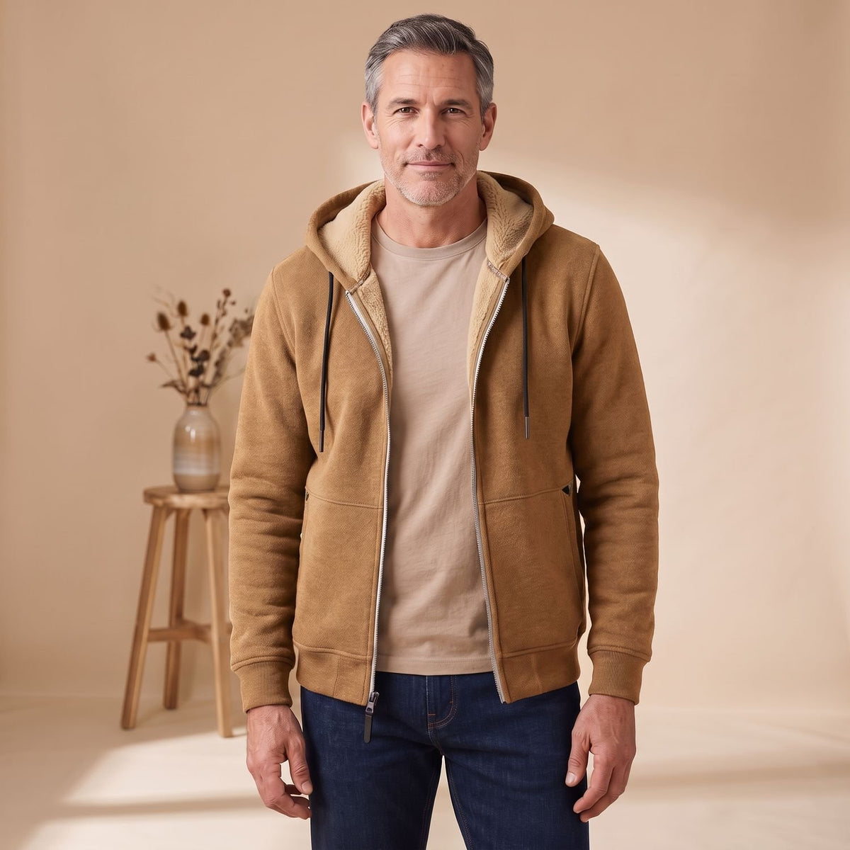 Men's Sherpa-Lined Full-Zip Hooded Sweatshirt - Brown