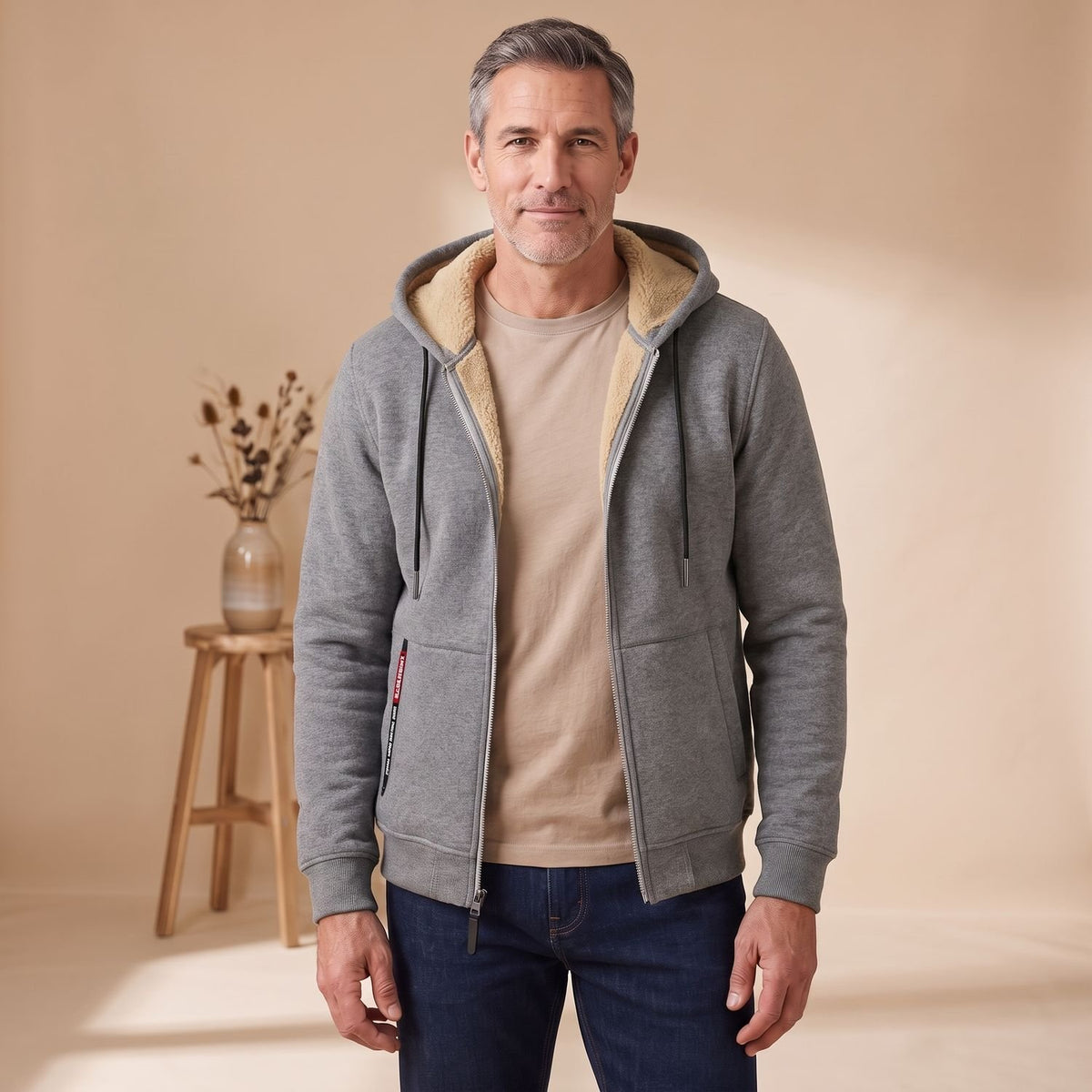 Men's Sherpa-Lined Full-Zip Hooded Sweatshirt - Gray