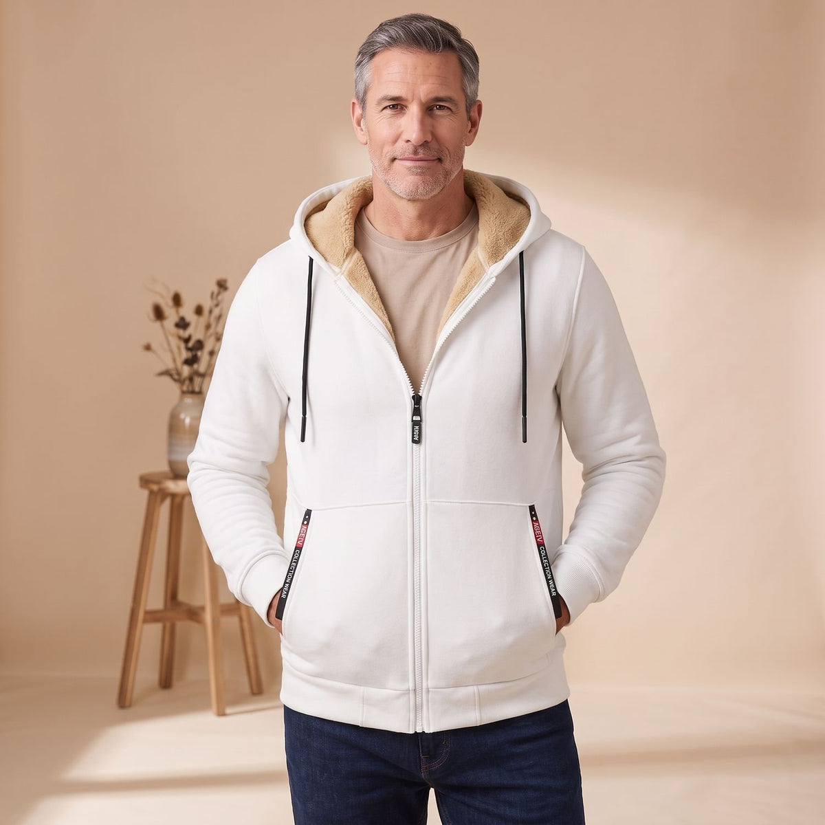 Men's Sherpa-Lined Full-Zip Hooded Sweatshirt - White