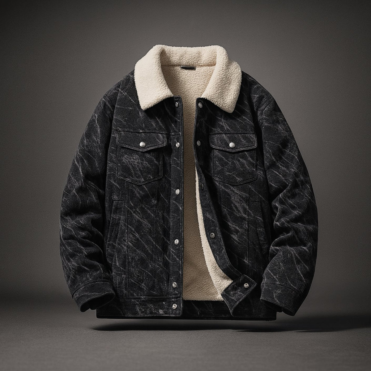 Men's Sherpa-Lined Marbled Corduroy Trucker Jacket - Black