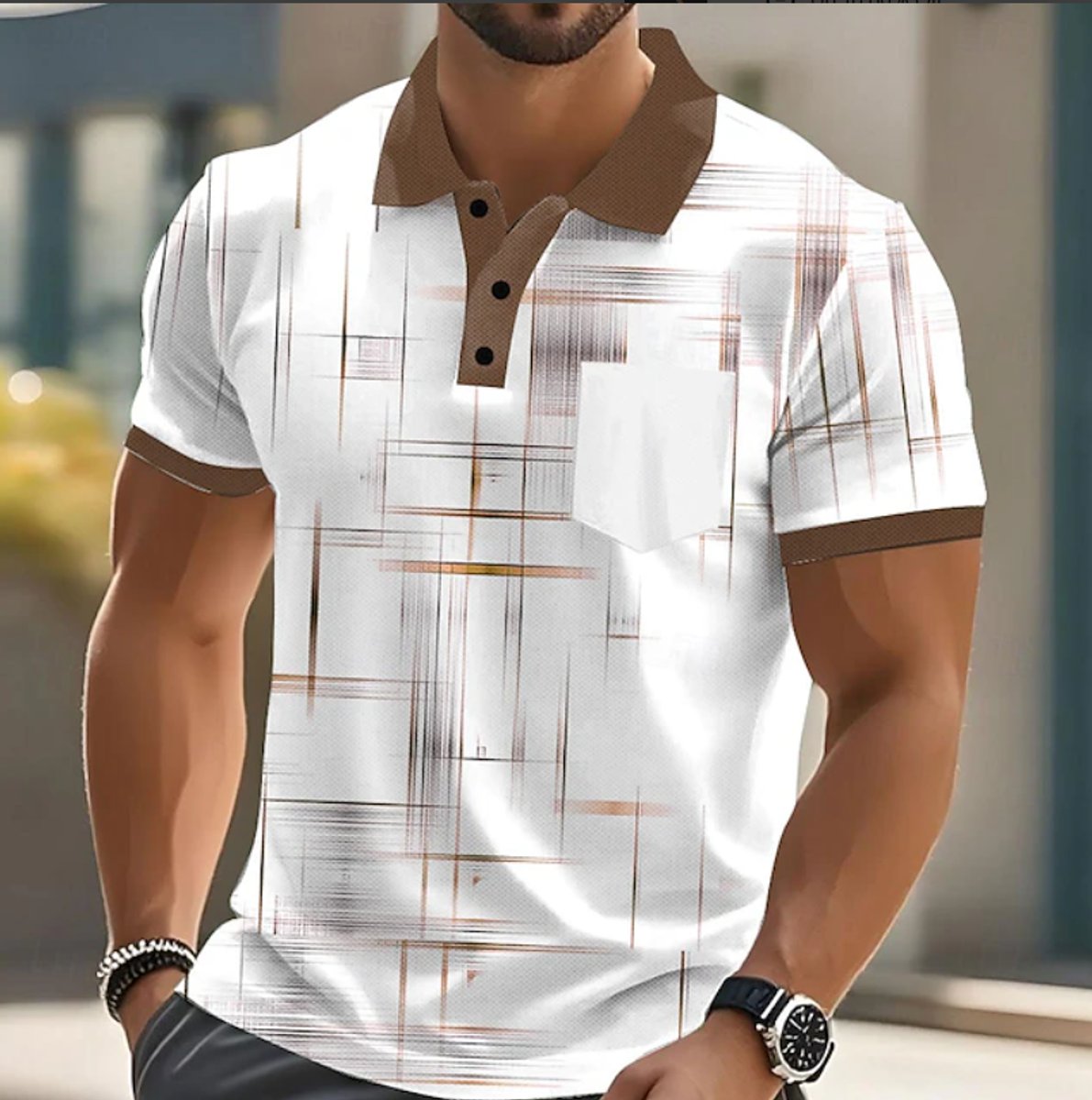 Men's Short-Sleeve Geometric-Print Button-Up Polo Shirt - Brown
